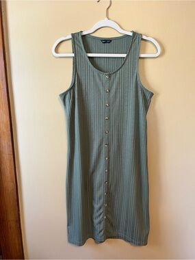 Olive Green Ribbed Button-Front Dress